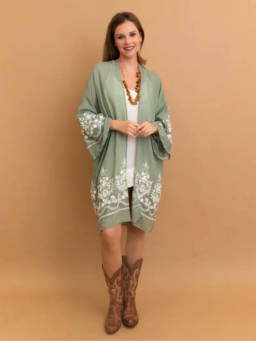 Light Sage Embroidered Kimono